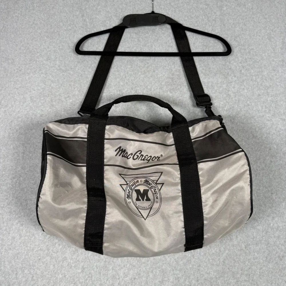 MacGregor Vintage 80s Silver Black Duffle Bag Athletic Gym Travel Shoulder Strap